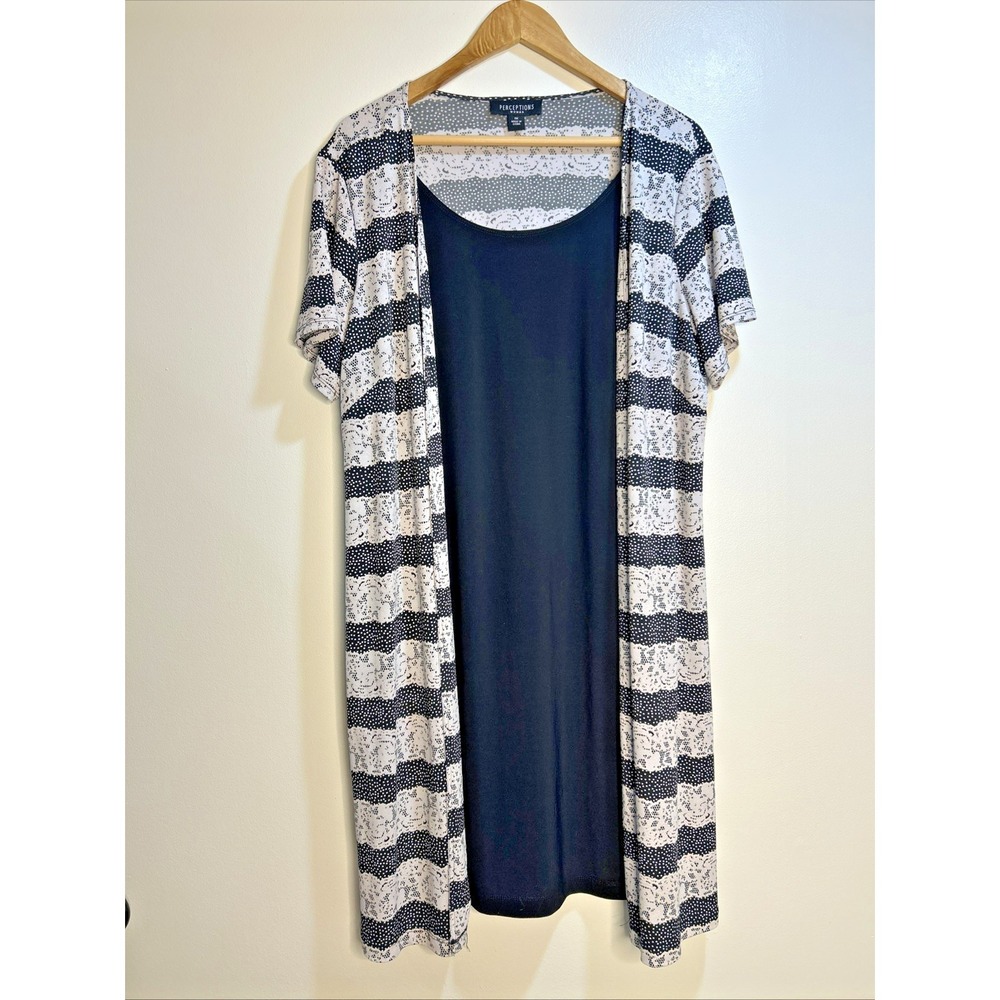 Perceptions NY Faux Jacket Dress 1X Black White Lace Print Stretch Short Sleeve